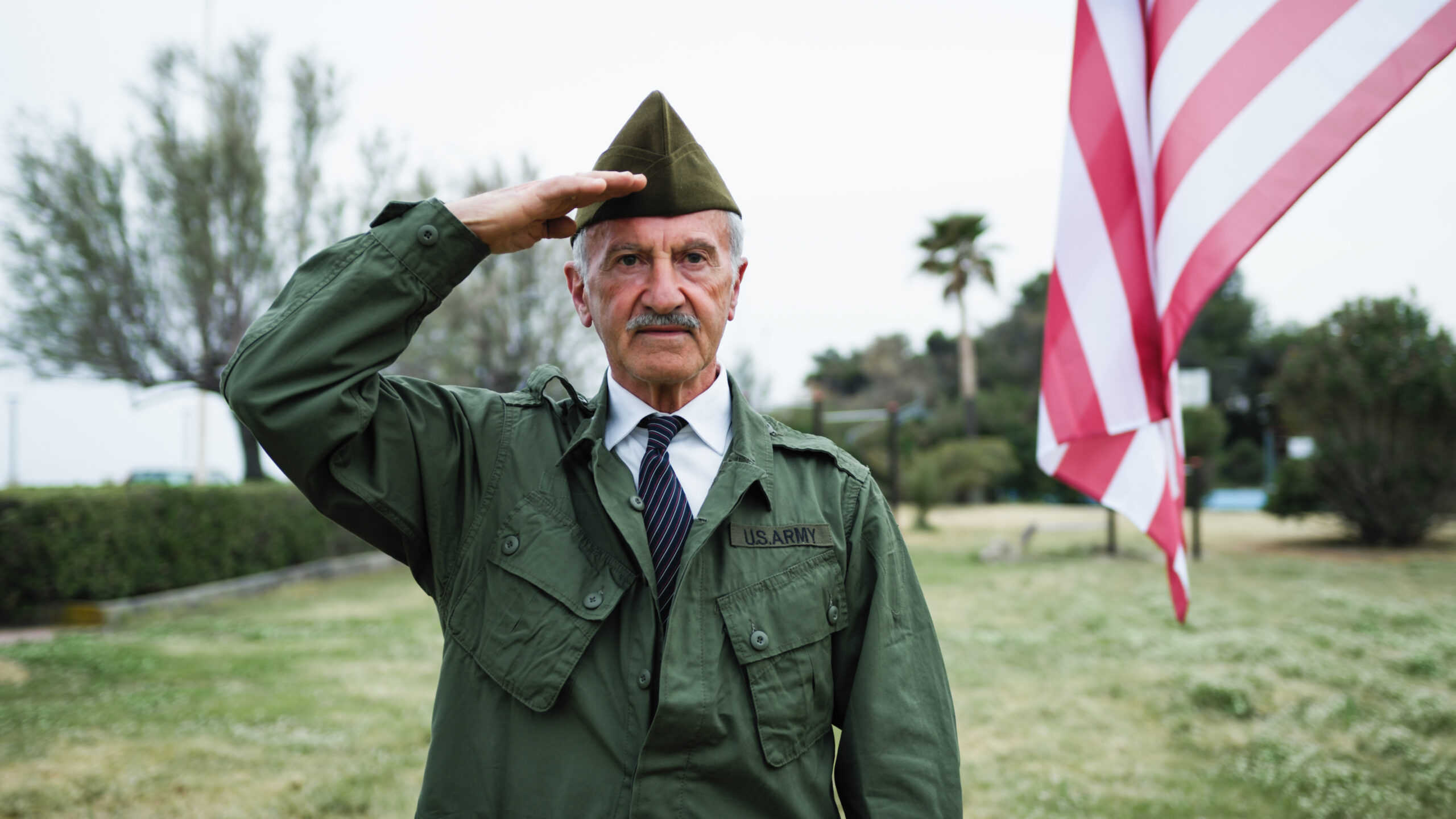 Man in uniform saluting outdoors